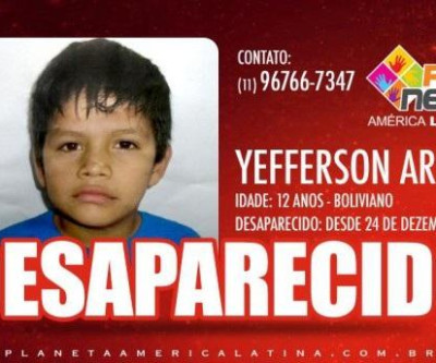 Desaparecido YEFFERSON ARIEL, garoto boliviano de 12 anos