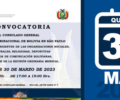 Convocatória para reunião ordinária do Consulado Boliviano em SP - 30/-3/23