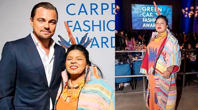 DiCaprio homenageia líder indígena Sonia Guajajara em evento pré-Oscar por seu trabalho em prol da sustentabilidade.
